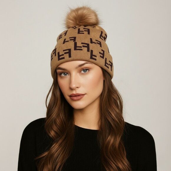 Knit Beanie Tuque with Faux Fur Pom – Brown & Tan Double F Pattern Hat - Picture 1 of 16